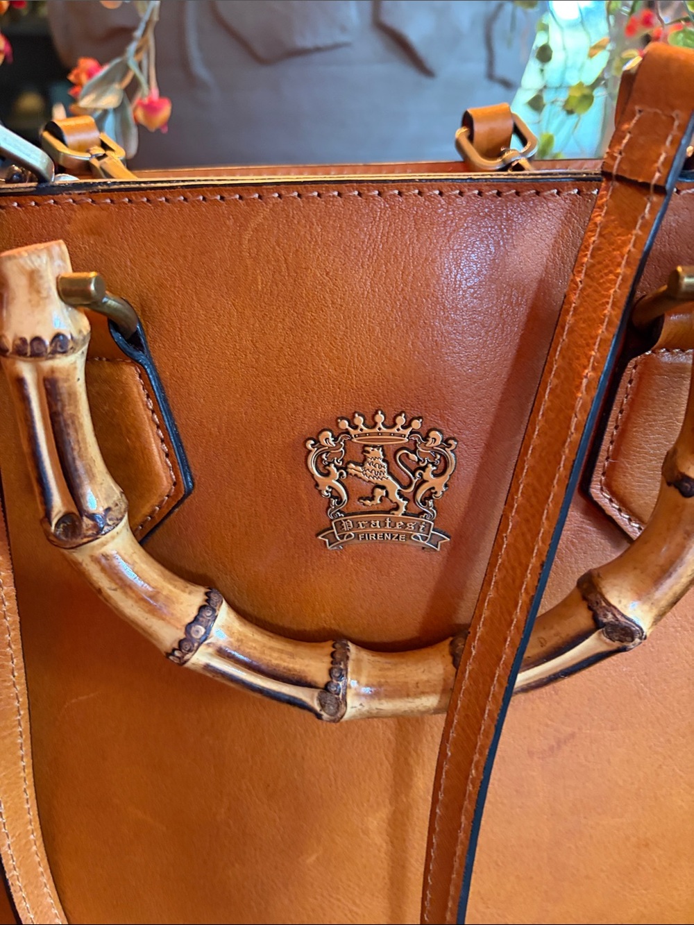 Pratesi Firenze Italian Leather Tote with Bamboo Accent Handles NWT - Picture 3 of 7